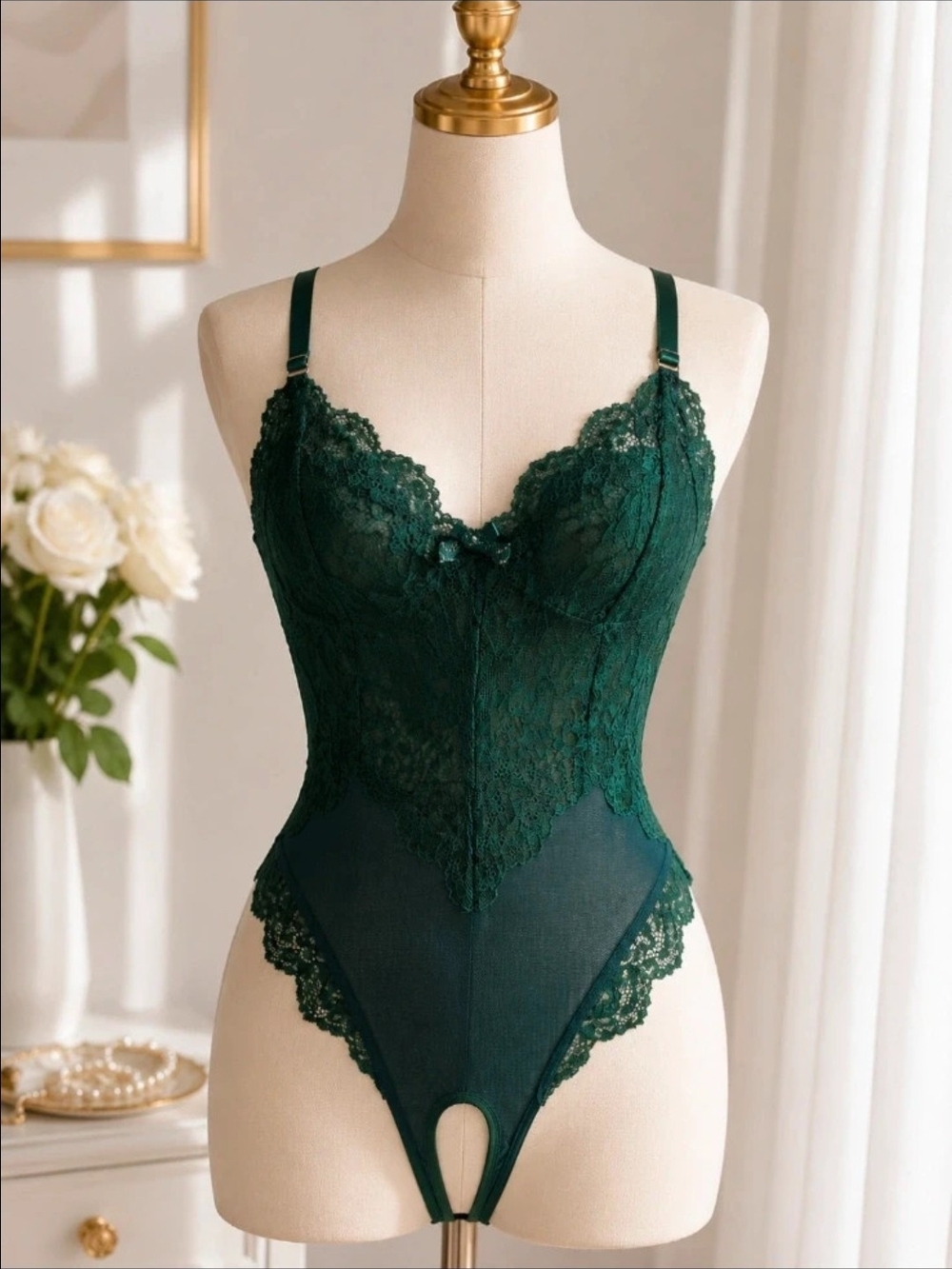 Emerald Lace Bodysuit Teddy with Adjustable Straps - Women Intimates